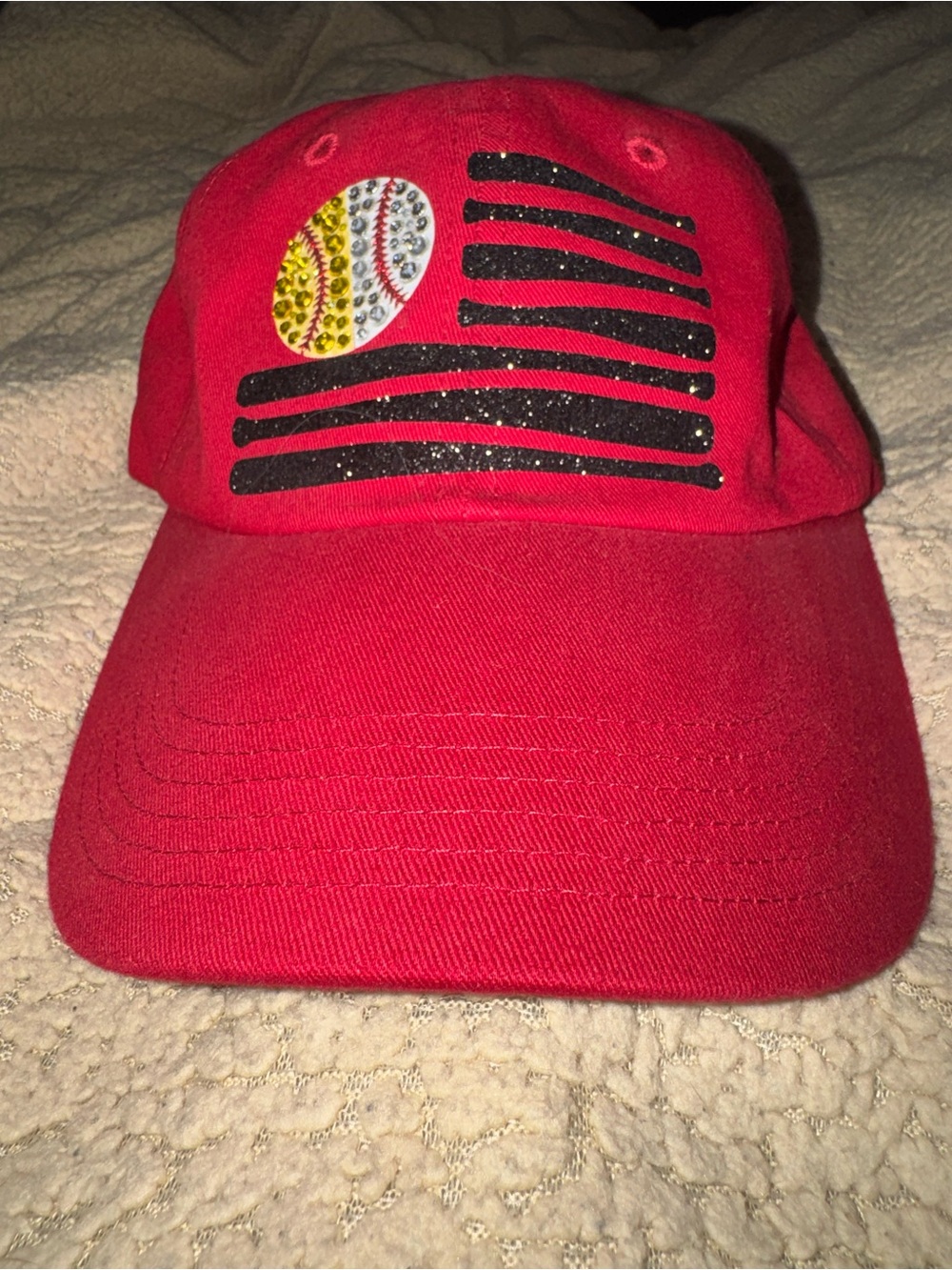 Womenβs Red Baseball Cap with Rhinestone Softball/ Baseball.